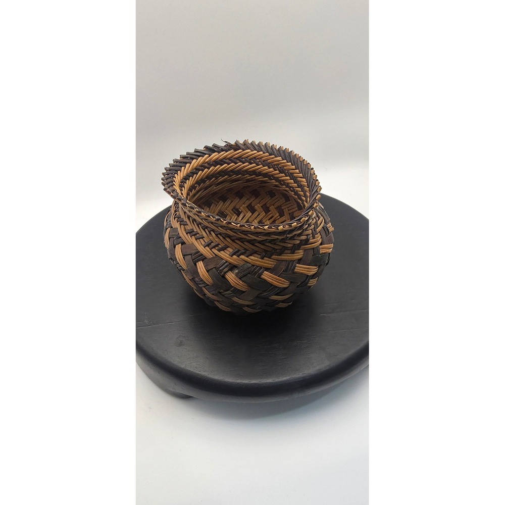 Handcrafted Miniature Woven Basket Two Tone Brown Natural Sawtooth Rim Folk Art